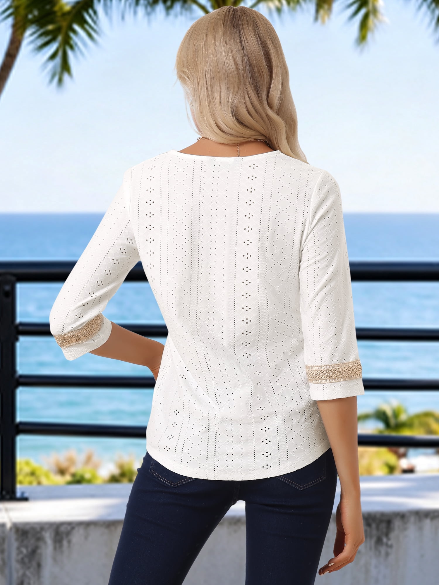 DARING DIVA Women's 3/4 Sleeve Tops Hollow Color Block Boho Shirts L White