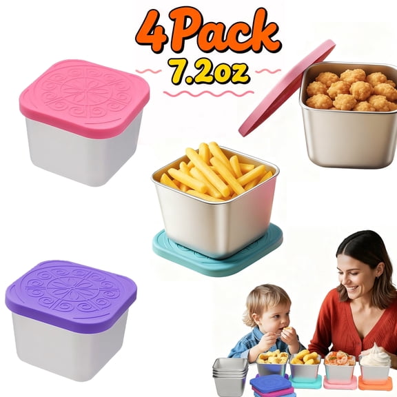 Asunby 4 Pack Salad Dressing Container To Go, 7.2oz Condiment Containers with Leakproof Silicone Lids, Reusable Stainless Steel Sauce Cups for Lunch Bento Box, Picnic and Travel