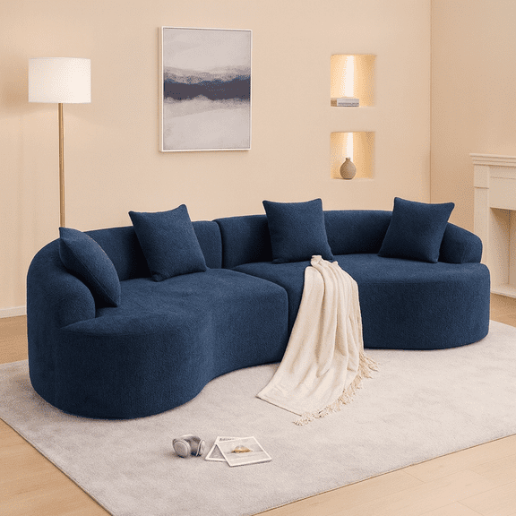 Compression Sponge Sofa Blue Curved Modular Sectional, 30D High-Density Chenille Sleeper Couch for Apartment, Living Room,110"L