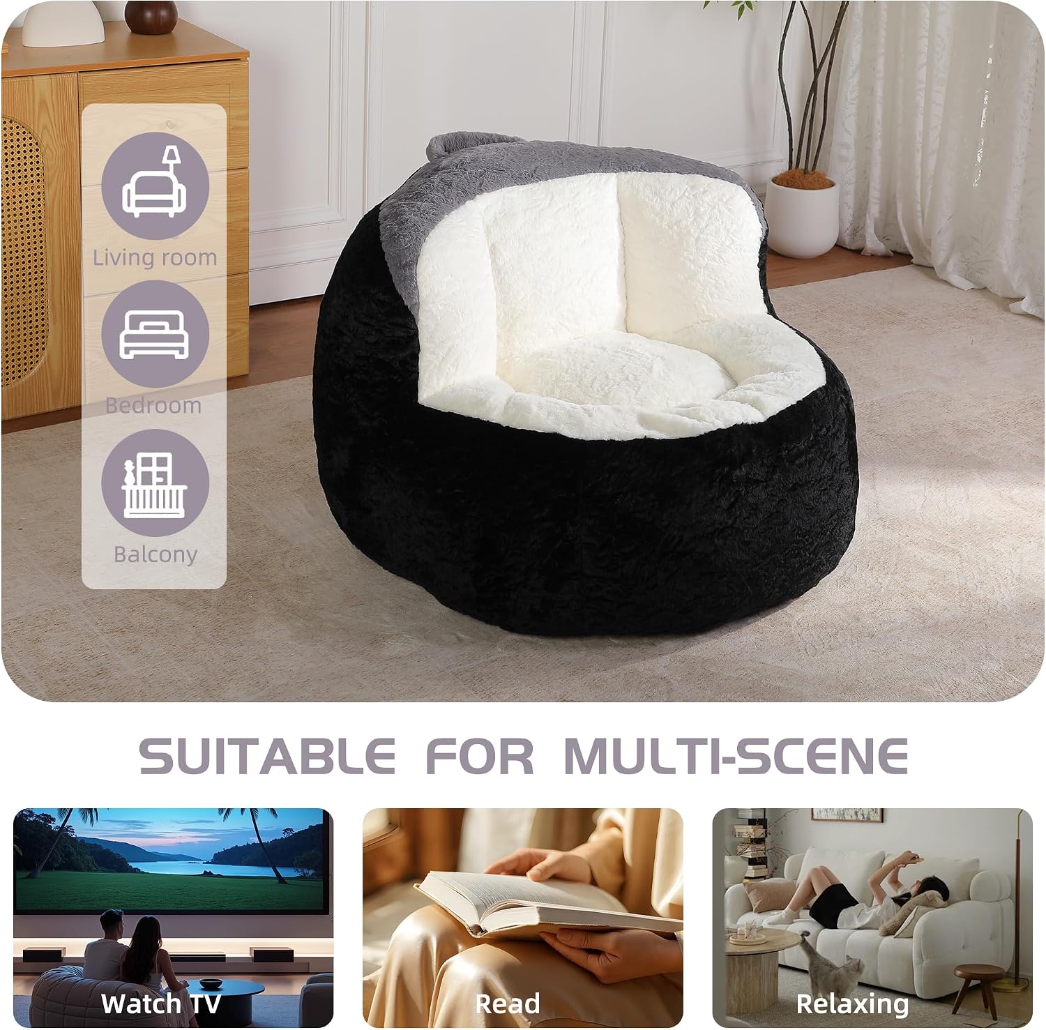 Large Plush Bean Bag Chair, High‑Density Memory Foam Bean Bag Sofa with Non‑Slip Bottom for Adults Kids Teens