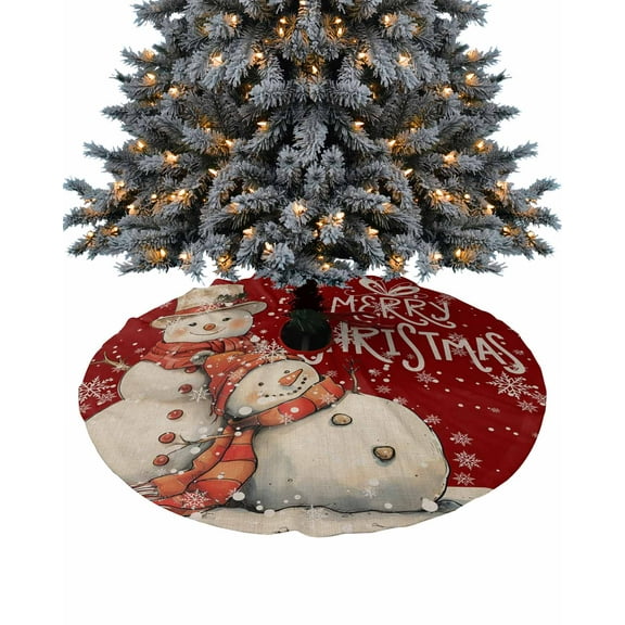 Red Christmas Snowman Christmas Tree Skirt 48 Inches Large Christmas Skirt Tree, Vintage Xmas Snowflake Tree Skirt Christmas Decorations for Fireplace Party Holidays Indoor Outdoor