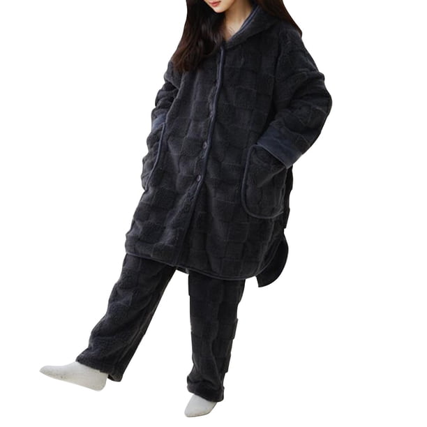 Gibobby Pijama de algodón para mujer El Conjunto De Ropa Para El De Color Sólido Elegante De Tamaño De Terciopelo Coral Engrosado De Otoño E Invierno Para Mujer(Gris,G)
