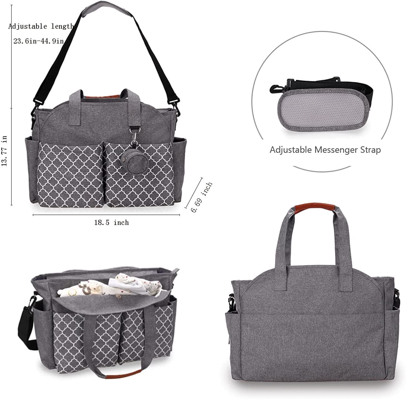 Diaper Bag Tote with Pacifier Holder Travel Diaper Bag with Adjustable Shoulder Strap and Insulated Pockets, Gray