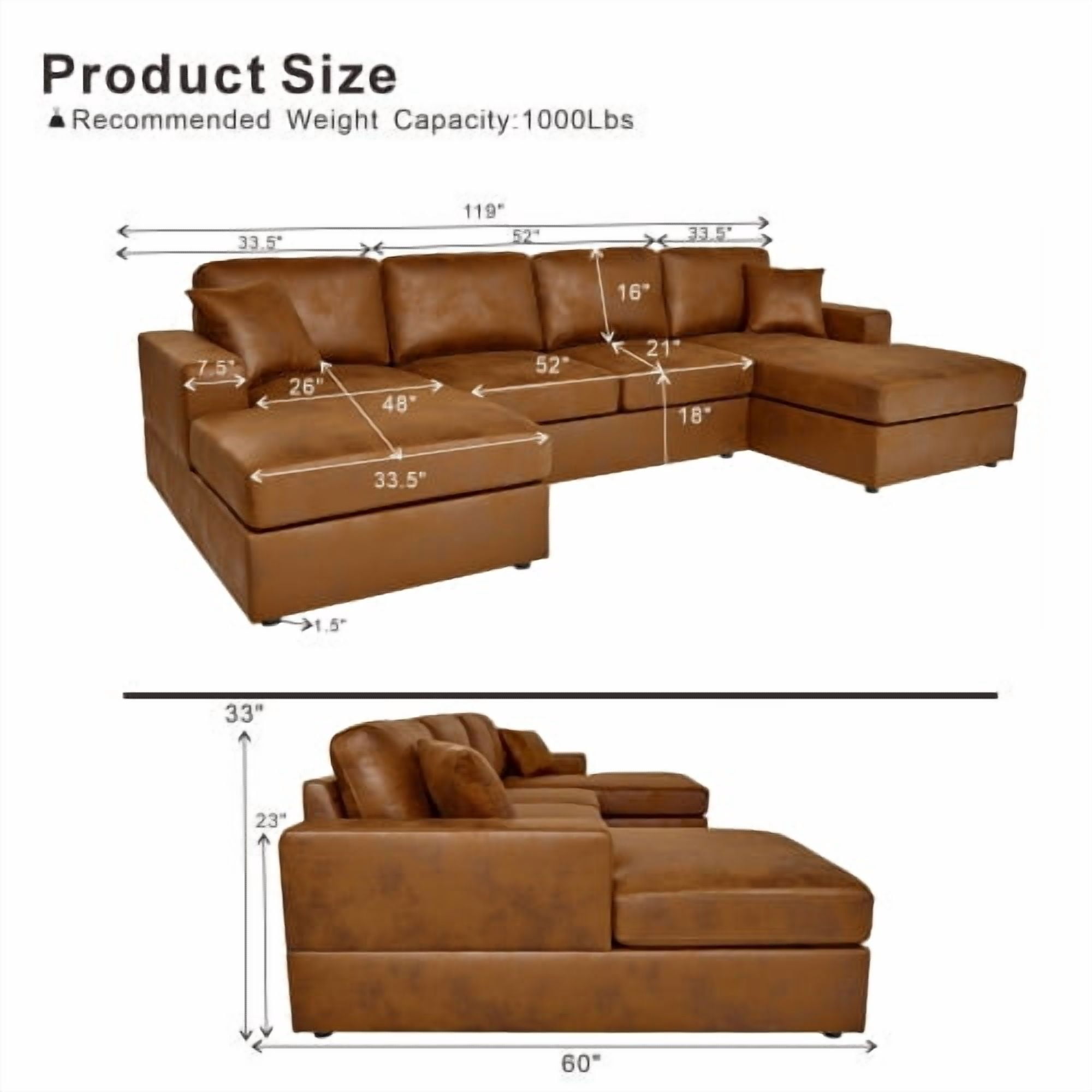 119" Corduroy U-Shaped Double Chaise Sectional Sofa, 4-Seater with Removable Cushions, Low-Profile, Antique brown