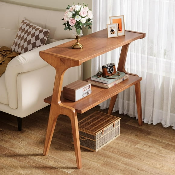 Narrow coffee table with solid wood legs, mid-century modern side table with storage shelves, slim sofa side table for living room, long bedside table for bedroom, small space, cherry color
