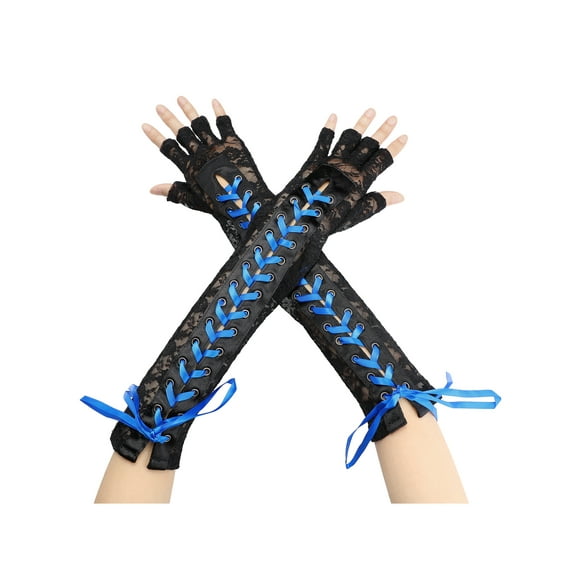 INSPIRE CHIC Women's Lace Up Half Finger Gloves Lace Elbow Length Arm Warmers Black and Blue Ribbon One Size