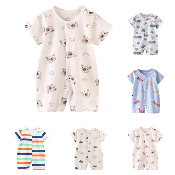 Einccm Baby Boys' and Girls' Unisex Short Sleeve Cotton Romper, Cute Bear Print born Snap Up Jumpsuit, Soft Breathable Summer Infant Bodysuit for Daily Wear and Sleeping, 0-12 Months
