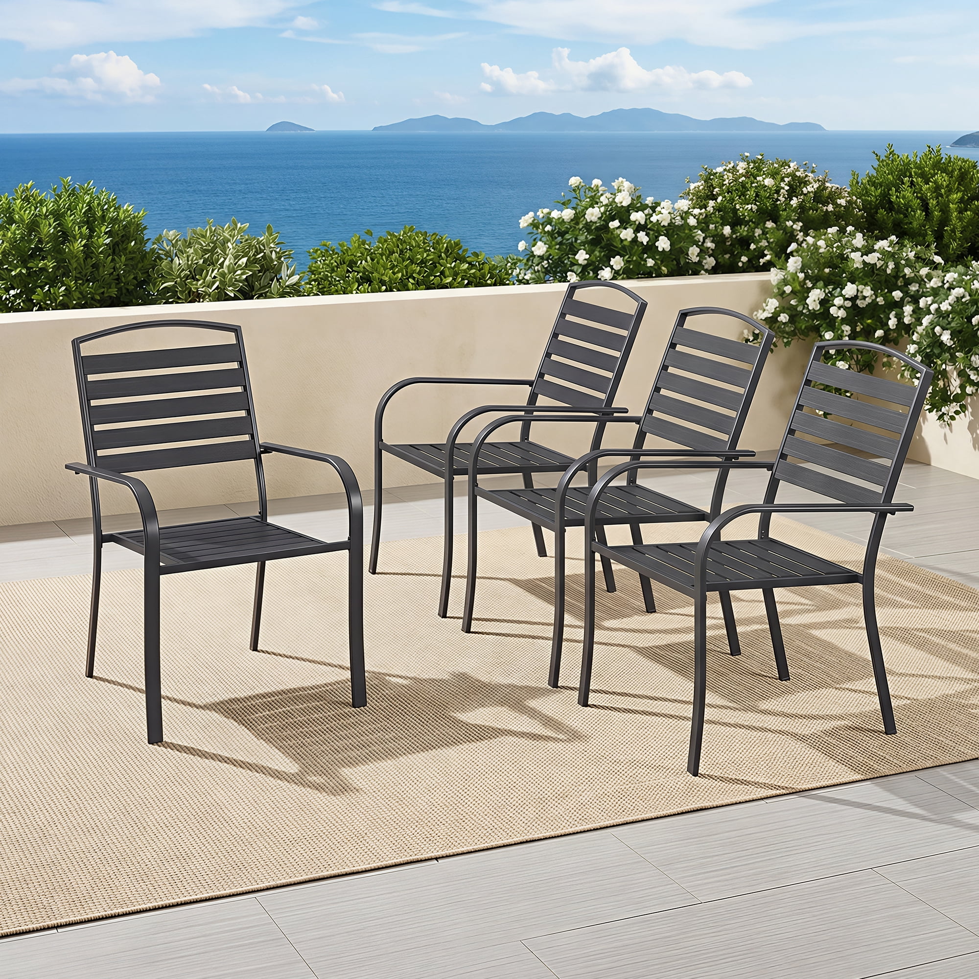 Vicluke Outdoor Dining Chairs Set of 4, Black Stackable Patio Dining Chairs with WPC Seat, Heavy Duty Metal Frame Wrought Iron Bistro Chairs with Armrests, 300 Lbs for Patio, Deck, Porch, Backyard