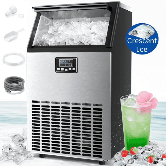 Auseo Commercial Crescent Ice Maker, 100Lbs/24H Stainless Steel, 64Pcs in 11-20 Mins, 2 Water Adding Modes, Companies/Families/Bars