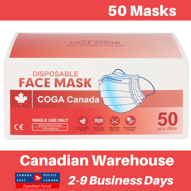COGA Canada - 50 Pack 3ply Masque Facial Jetable Non Médical Non Chirurgical