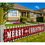 Large Merry Christmas Banner,Red Buffalo Plaid Yard Christmas Banner,Christmas Decorations for Outdoor Indoor,Xmas Party Decoration Supplies (20 X 120 inch)