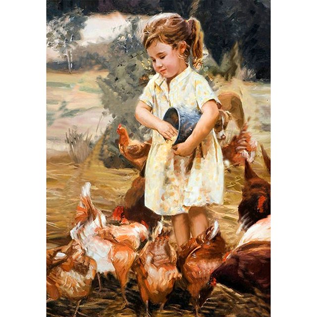 Cuadros Decorativos 5D DIY diamante pintura niña alimentación pollo completo redondo taladro bordado Sywqhk Nuevos Originales