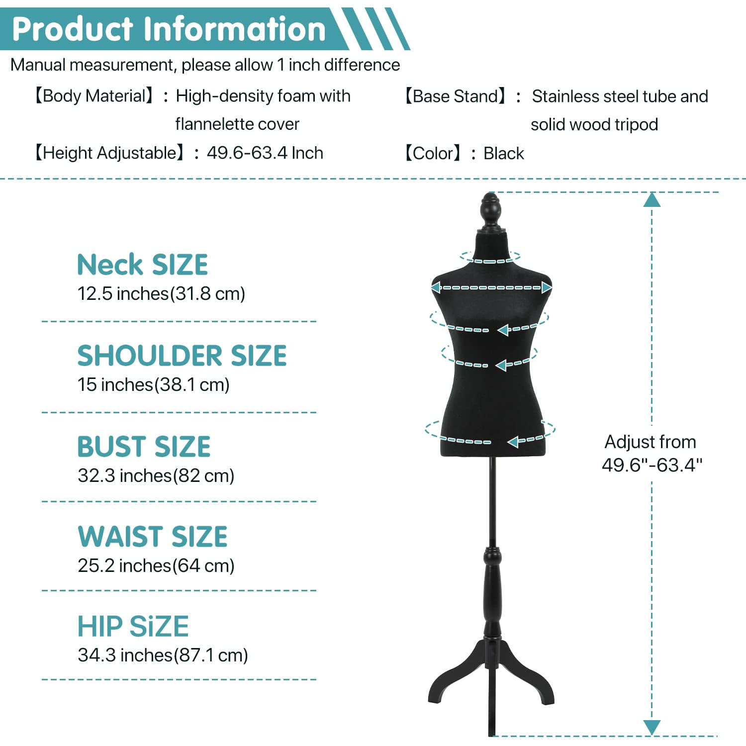 Female Mannequin Torso Mannequin Body Dress Form Mannequin Height Adjustable 49.6-63.4 Inch with Wooden Tripod Stand for Window Display Store Dress Jewelry Display Sewing (Black)