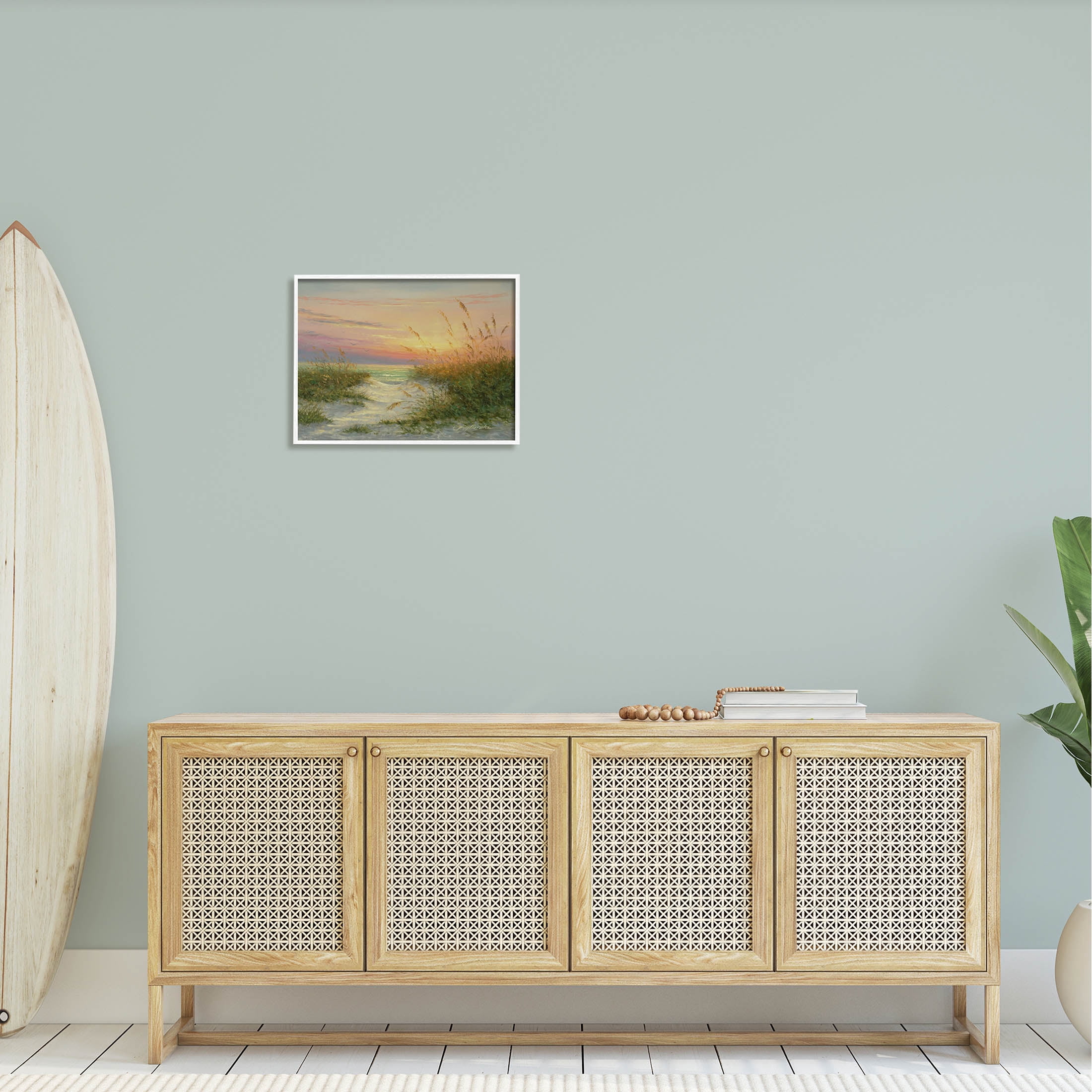 Sunset Beach Path Reeds Coastal Painting White Framed Art Print Wall Art