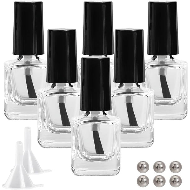 6 botellas de esmalte de uñas transparente de 5 ml con tapa de pincel negra, botellas de vidrio vacías cuadradas rellenables con 6 bolas agitadoras y 2 embudos.