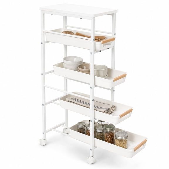 5-Tier Slim Rolling Storage Cart, 8.1" Wooden Top Narrow Kitchen Carts on Wheels with Pull-Out Baskets, Mobile Shelving Unit Organizer for Kitchen, Bathroom, Laundry Room, Small Spaces