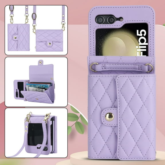 Allytechgroup Galaxy Z Flip 7 Wallet Case with Shoulder Strap, Premium PU Leather Multiple Cards Slots Protective Shockproof Portable Phone Case Cover for Samsung Galaxy Z Flip 7, Purple