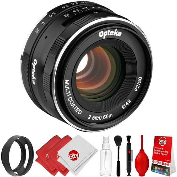 opteka 50mm f/2.0 hd mc manual focus prime lens with vented hood and cleaning kit for fuji x mount aps-c digital cameras