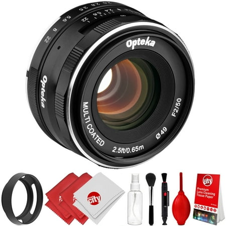 opteka 50mm f/2.0 hd mc manual focus prime lens with vented hood and cleaning kit for fuji x mount aps-c digital