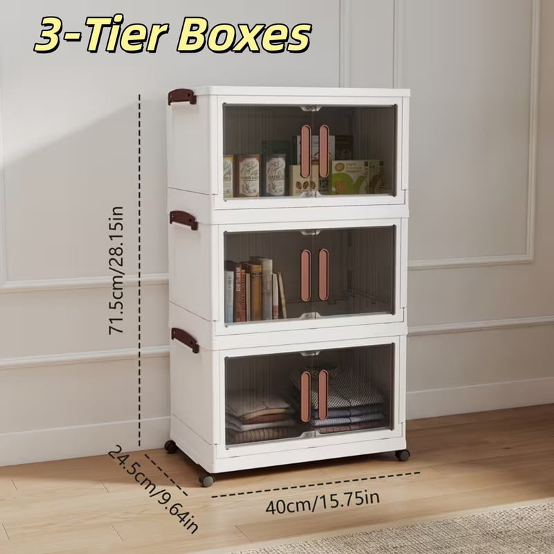 Howcool 3/4/5-Tier Stackable Storage Bins with Lid, Foldable Storage Box Cabinet with Wheels & Acrylic Doors
