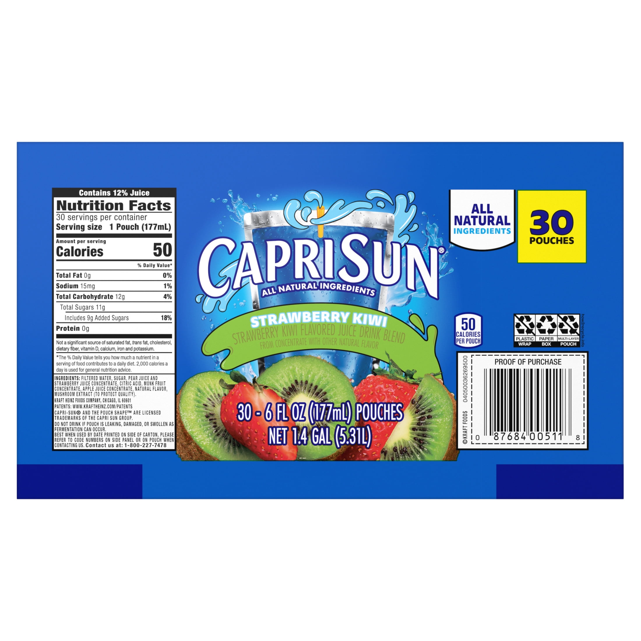 (3 pack) Capri Sun Flavored Juice Drink Blend from Concentrate with Other Natural Flavor Juice Drink Blend, 30 Pouches, for Strawberry Kiwi, All Natural Ingredients, 6 fl oz