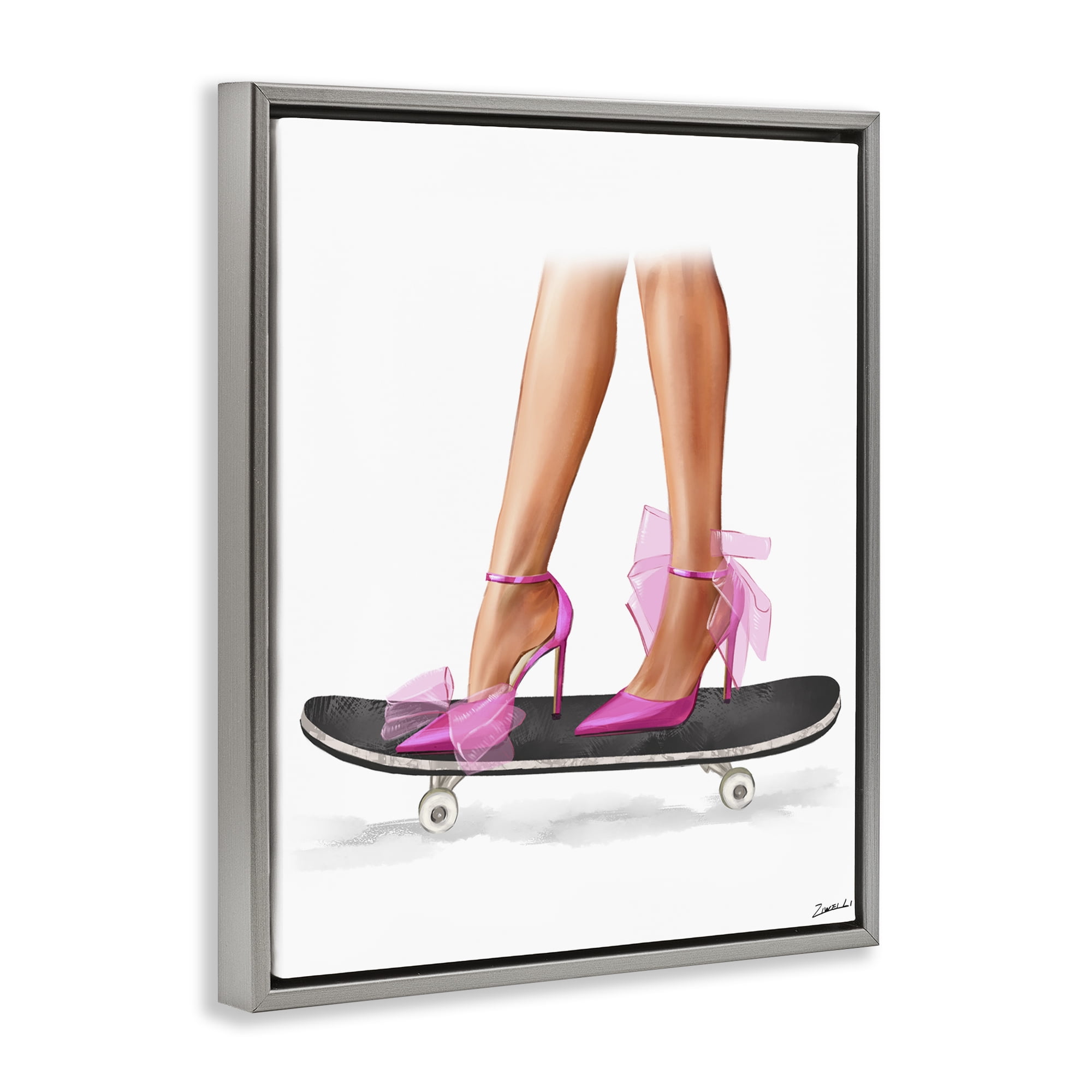 Stupell Industries Pink Heels on Skateboard Fashion Painting Gray Floater Framed Canvas Art Print Wall Art, 25 x 31