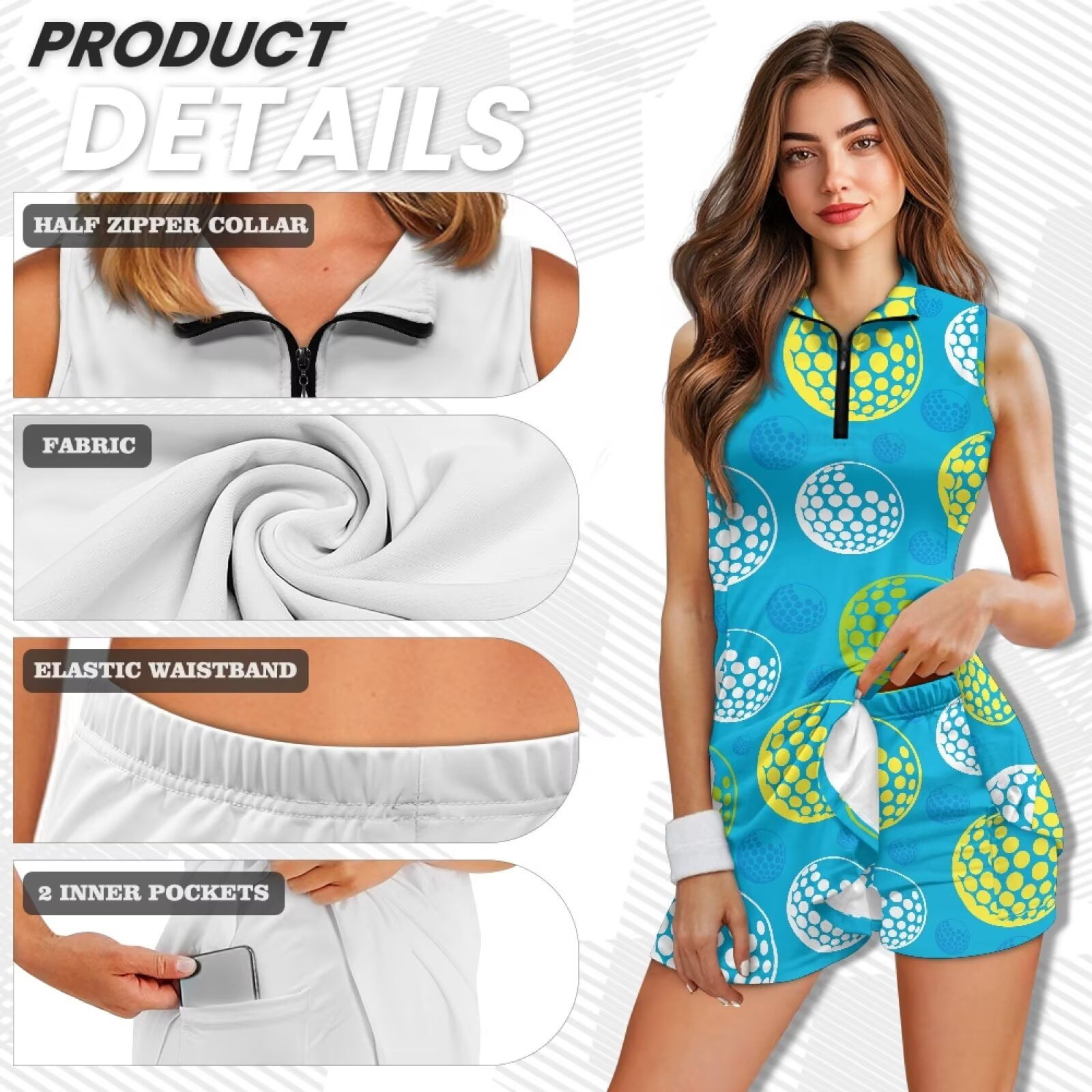 Yuyamidu Golf Ball Print Womens Golf Dress Sleeveless Workout Dress Size L Trendy Athletic Dresses with Built in Shorts and Pockets Moisture Wicking 2 Piece Sports Wear
