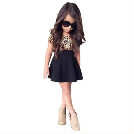 

DNDKILG Toddler Baby Girls 2 Piece Leopard Clothes Set Dress and Set Outfits Summer Short Sleeve with Black 2Y-9Y 100