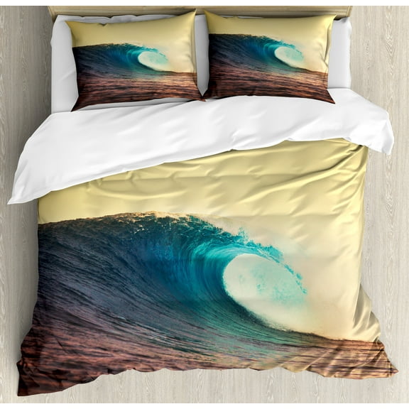 Ocean Duvet Cover Set, Ocean Breaking Wave at Sunset in Warm Colors Sea Seasonal Picture Art, Decorative 3 Piece Bedding Set with 2 Pillow Shams, King Size, Turquoise Yellow Brown, by Ambesonne
