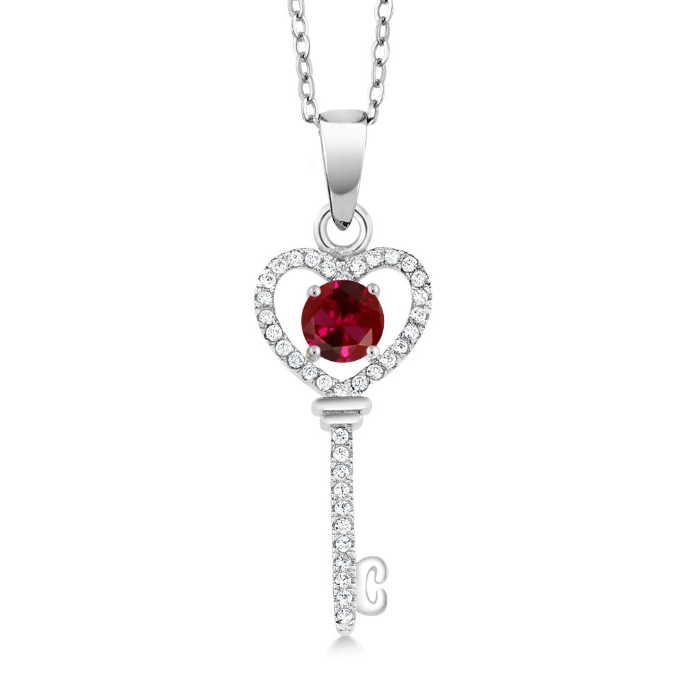 Gem Stone King 925 Sterling Silver Red Created Ruby Key Pendant Necklace for Women (1.04 Cttw, Round 5MM, with 18 inch Silver Chain)