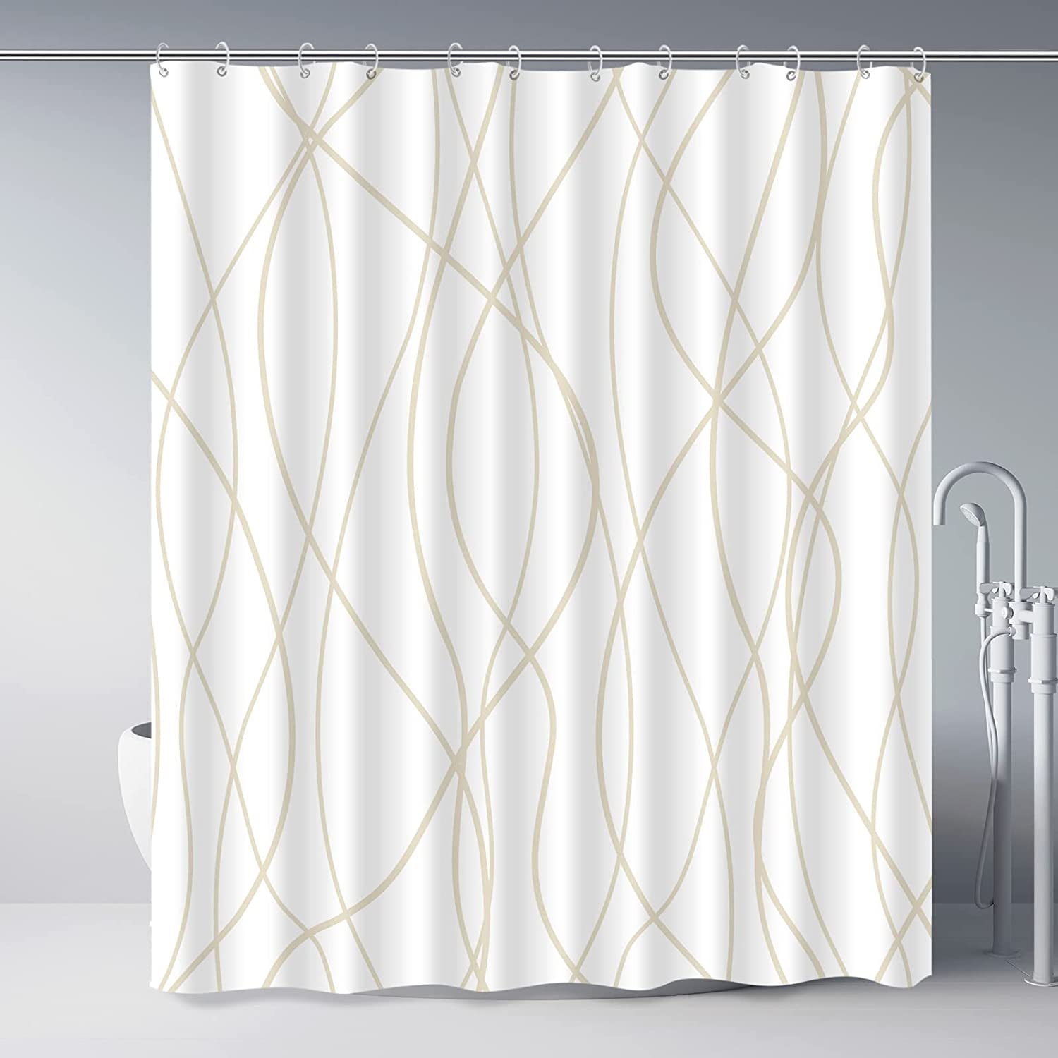 Beige Khaki Shower Curtain for Bathroom with Hooks, Extra Long Shower Curtain Set Stripe Bath
