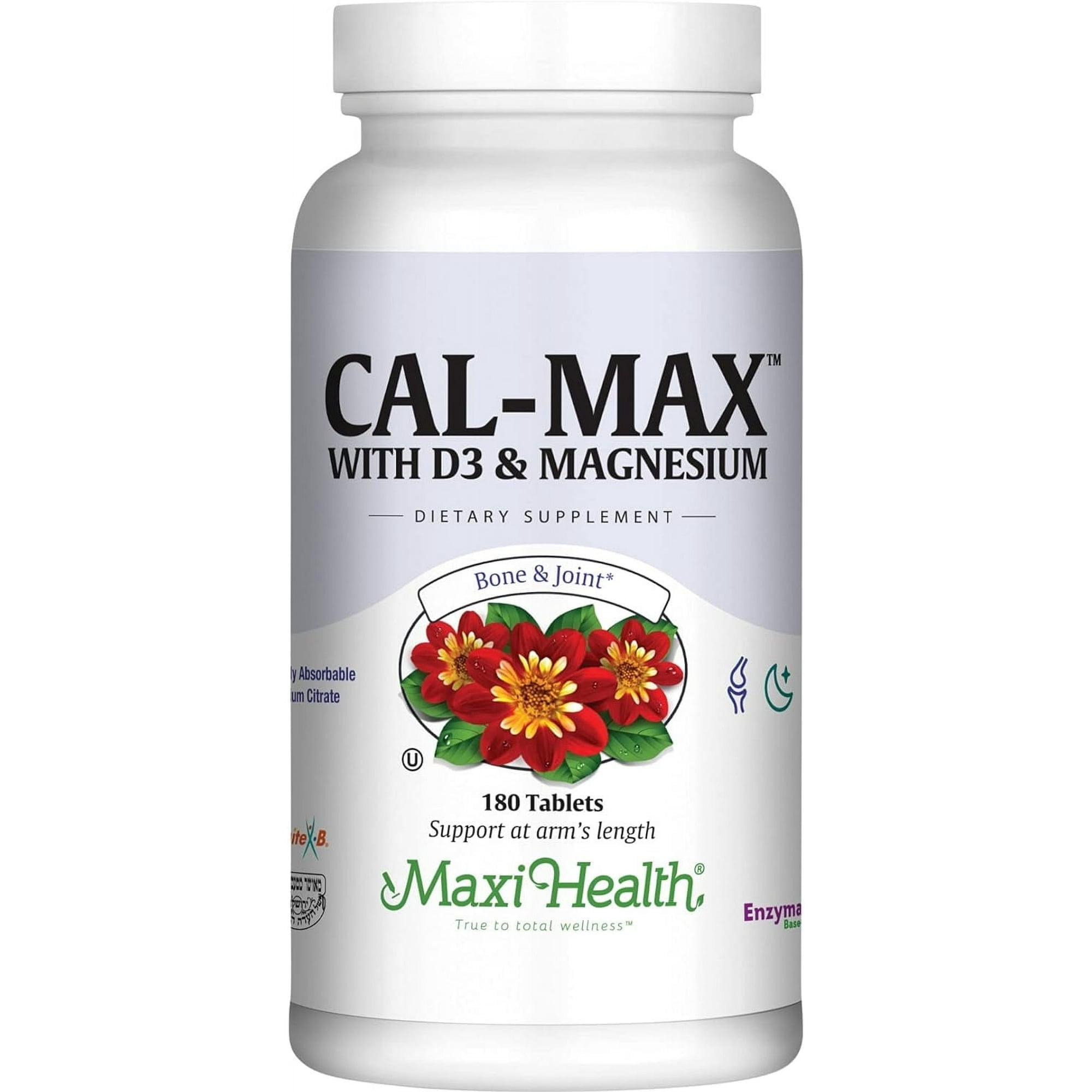 Maxi Health Calcium Magnesium Supplement with Vitamin D3 and Boron - Kosher Bone Health & Nighttime Formula, Calcium Citrate CalMag & Vitamin D (180 Tablets)