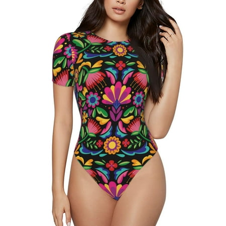 Gaeub Colorful Floral Embroidery Mexican Women S Short Sleeve One Piece Swimsuit Sexy High-Waisted Bodysuit For Swimming  Beach  Sports - Small