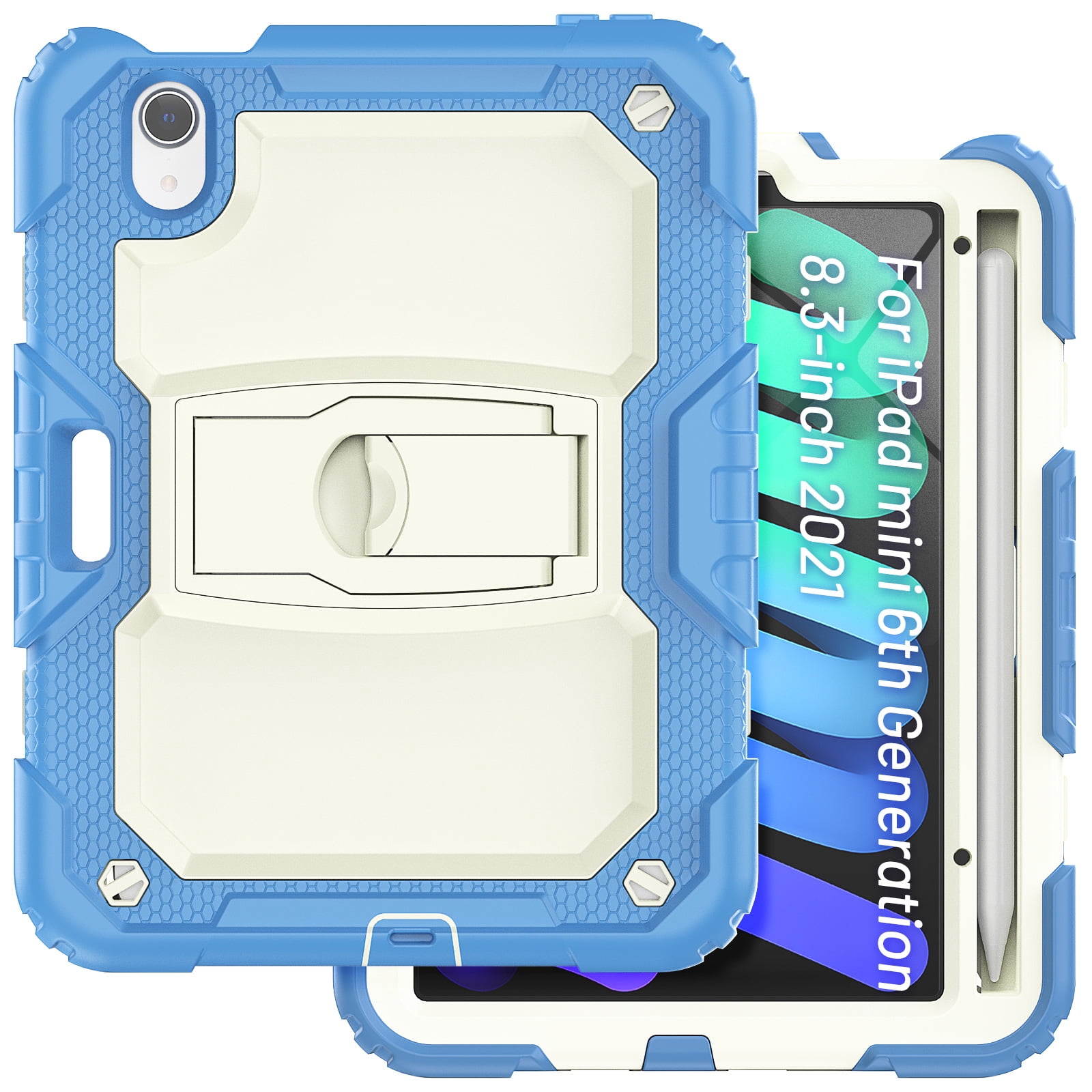 for iPad mini 6th Gen 8.3" 2021 Case with PET Screen Protector + Pencil Holder + Stand + Shoulder Strap | Heavy Duty Protection 3 Layer Silicone PC Case for iPad mini 6th Generation | Skyblue+Beige