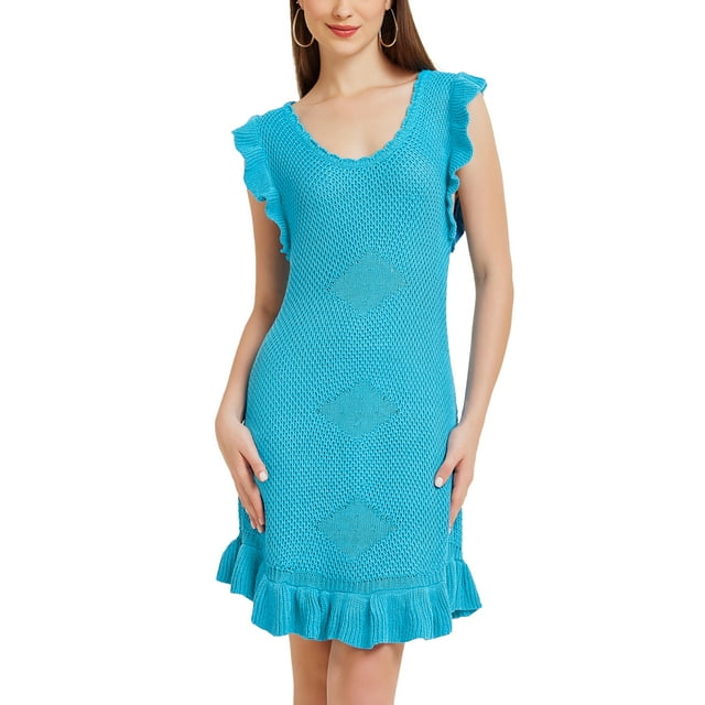 Vestidos de punto midi con volantes de cuello redondo casuales para mujer INSPIRE CHIC XL Azul