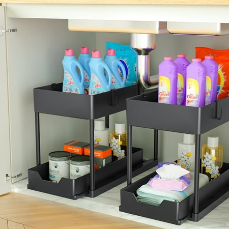 2 Pack Under Sink Organizer with Sliding Cabinet Basket, 2 Tier Multi-Purpose Under Sink Organization and Storage for Bathroom Kitchen