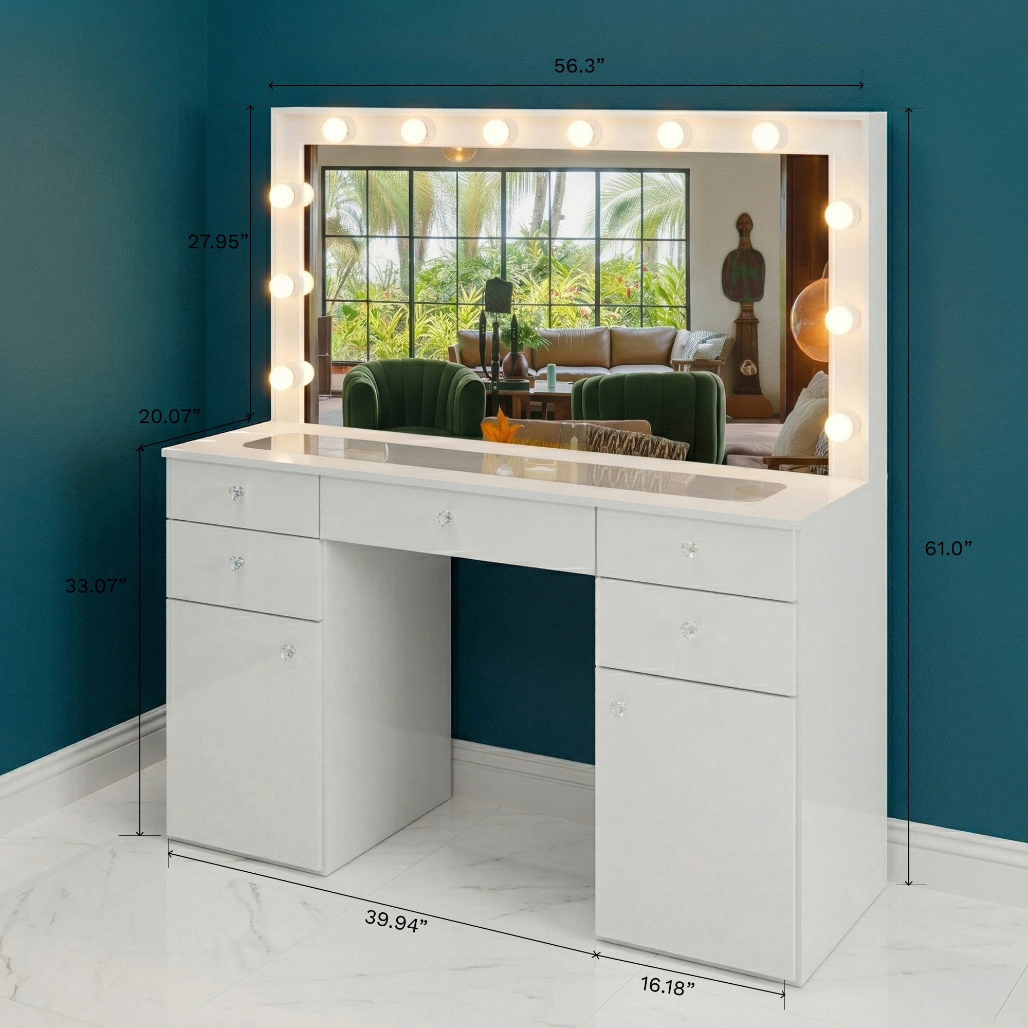 Boahaus Verona Large Vanity Desk with Mirror and Lights – 5 Drawer Makeup Vanity Table with Storage and Power Outlet
