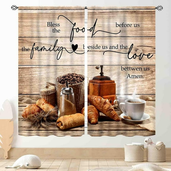 Rustic Kitchen Curtains, Farmhouse Retro Coffee Time Latte Cafe Bread Wooden Plank Cottage Country Window Drapery Treatments for Dining Room Bedroom Living Room 2 Panels, 42"x63" Inch