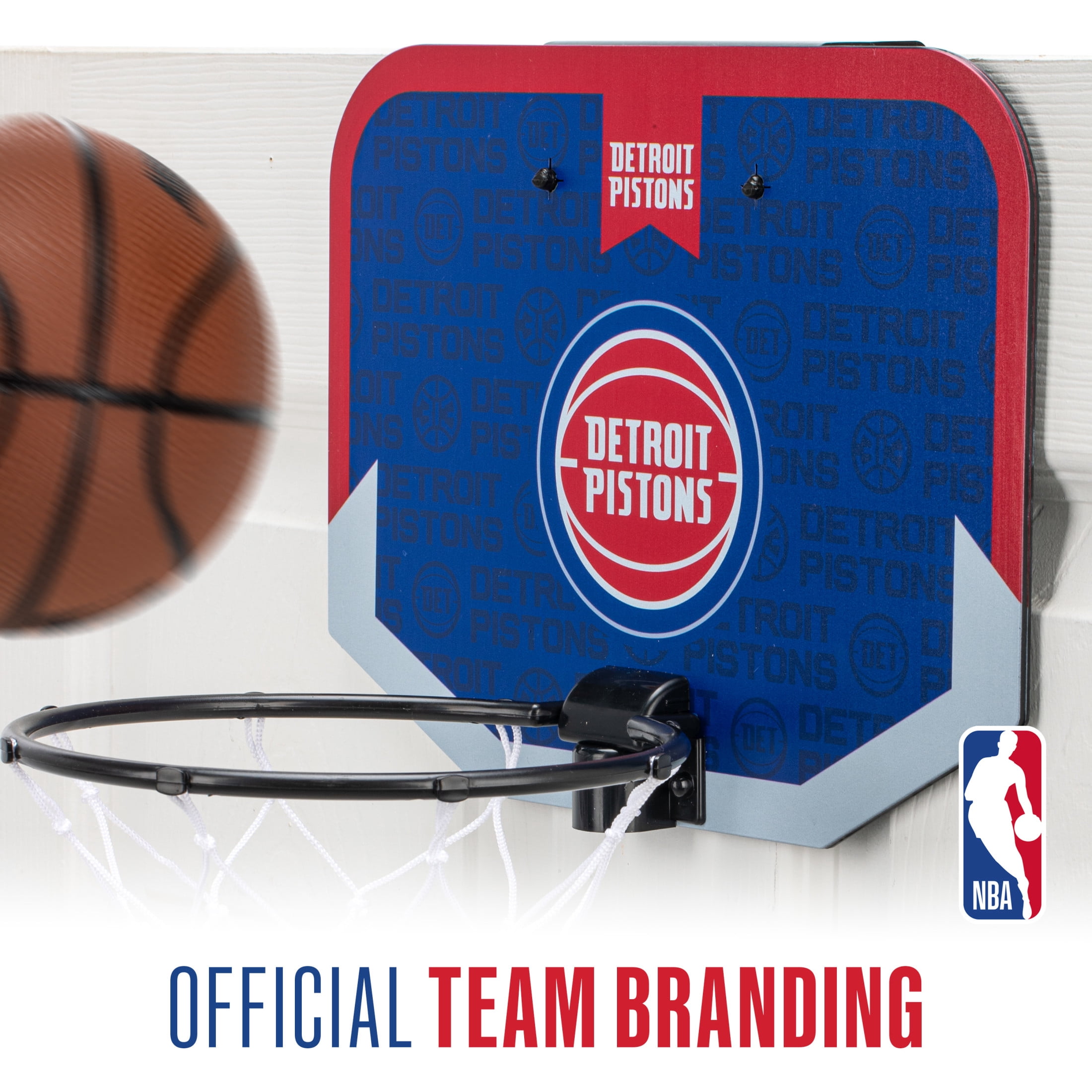 Franklin Sports NBA Detroit Pistons Mini Over the Door Basketball Hoop - Kids Indoor Mini Basketball Hoop with Basketball - NBA Fan Shop Mini Hoop for Bedroom + Office - Over the Door Mini Hoop Set