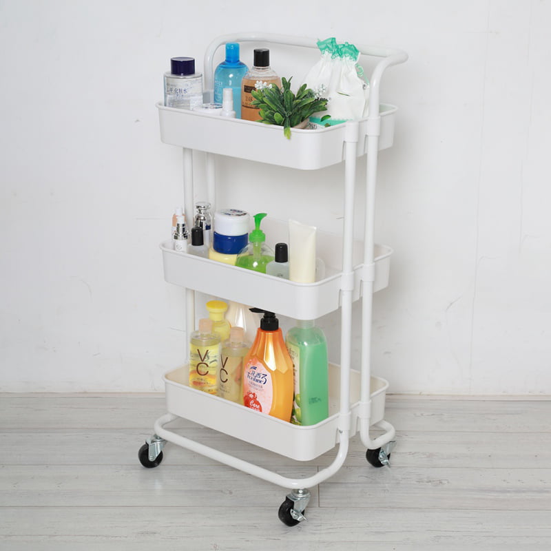 White GOLDFAN 5-Tier Storage Trolley Serving Trolley Mobile Metal Utility Rolling Craft Cart Storage Shelves with Lockable Wheels for Kitchen Office Bathroom