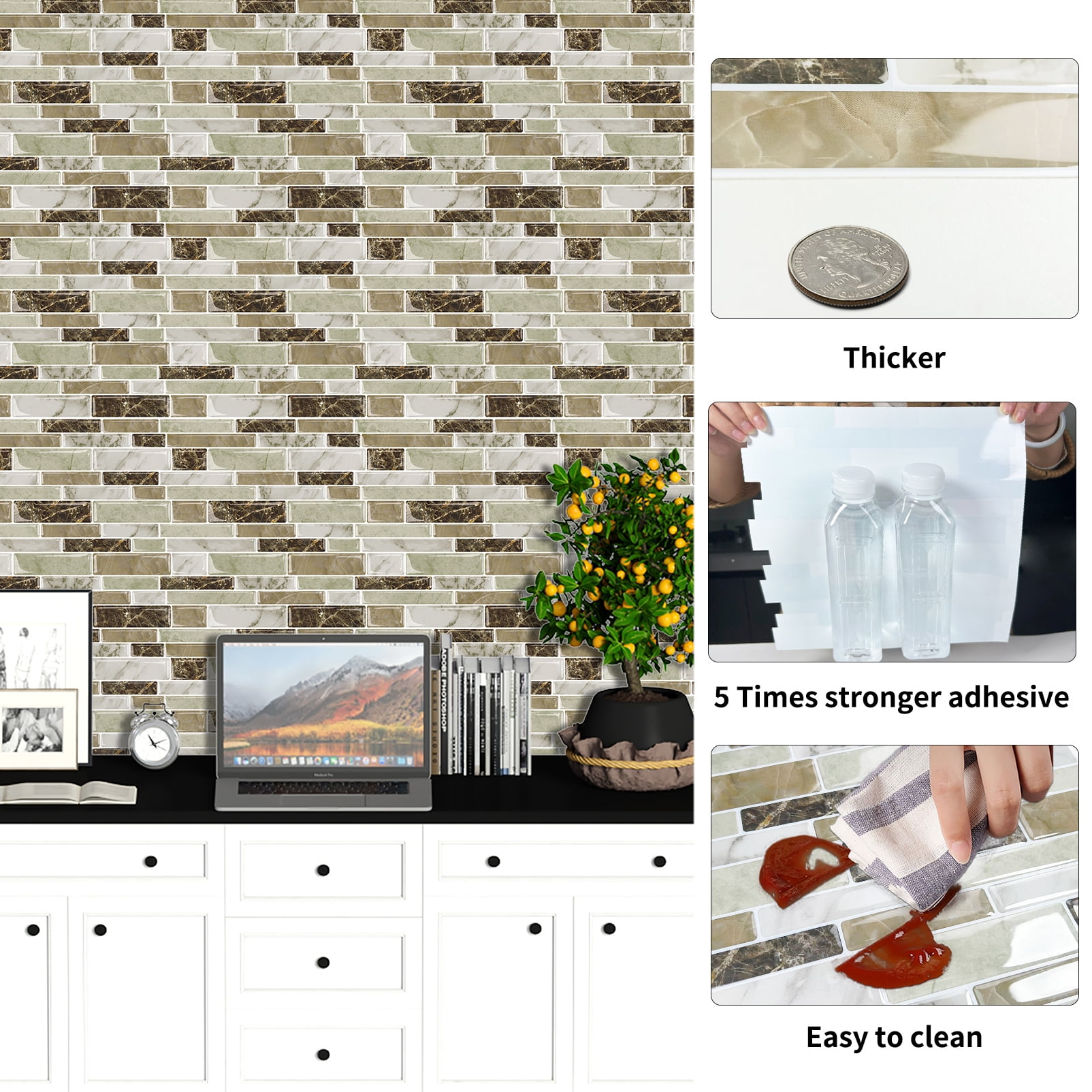 DEWOO 10-Sheet Peel and Stick Kitchen Backsplash Tiles, 12"x12" Self-Adhesive Marble Multicolor Wall Tiles for Kitchen and Bathroom(Brown Marble)