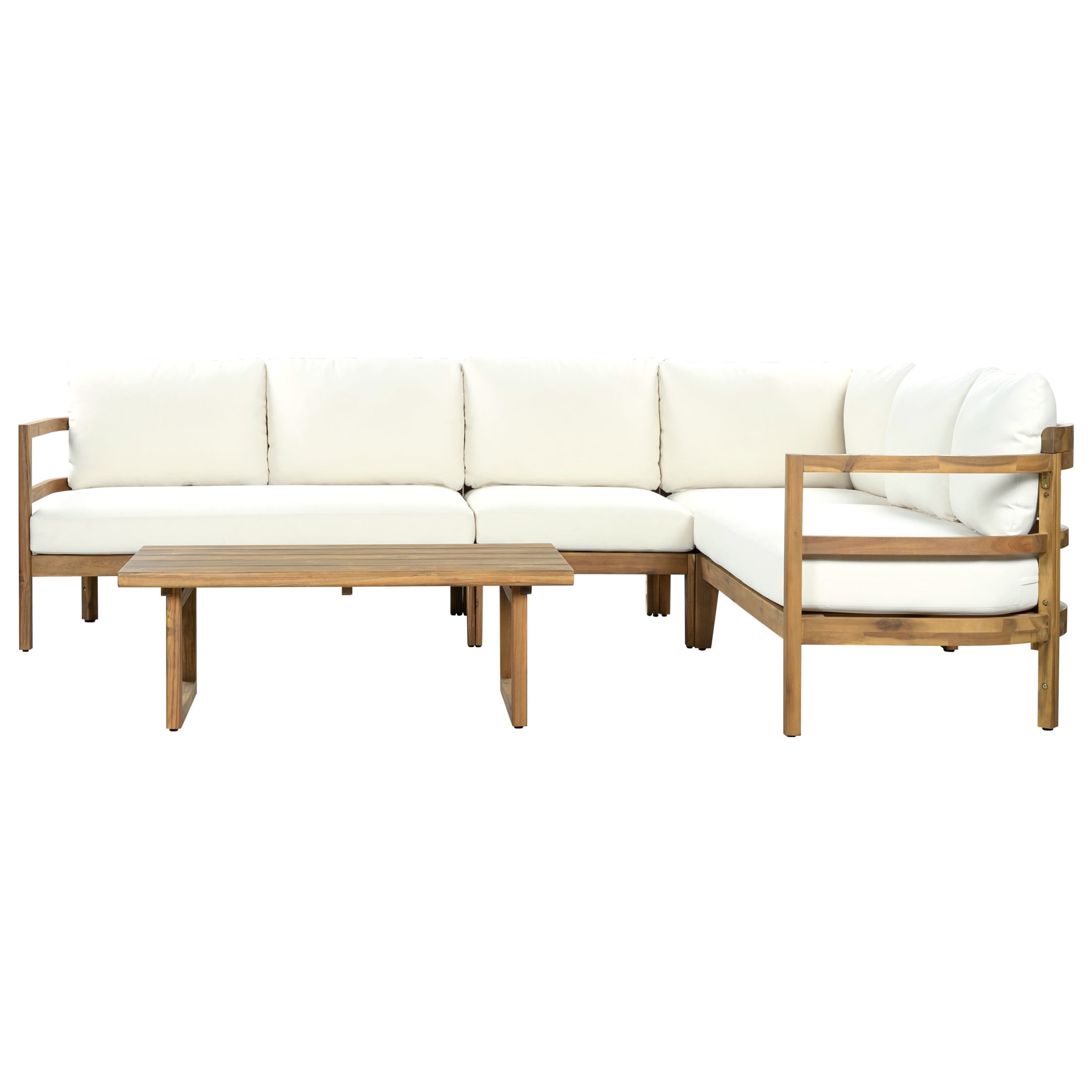 Christopher Knight Home 5-Seat Outdoor Wood Sectional Sofa with Table and Cushions, Light Brown+Beige