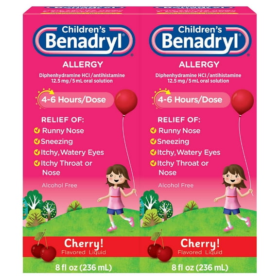 2 Pack: Children's Benadryl Allergy, Cherry Flavored Liquid 8 fl oz .