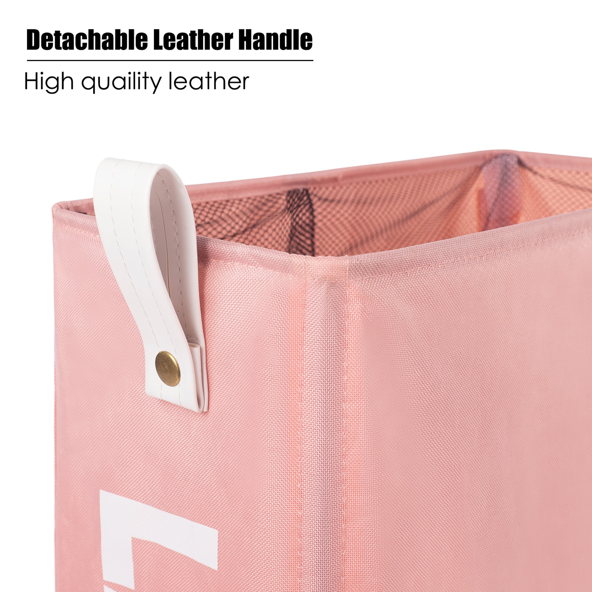 Caroeas x-Large Slim Laundry Baskets 27" Tall with Leather Handle, Laundry Basket on Wheels , Collapsible Laundry Hamper, Rolling Hamper Dorm Baskets (Pink)