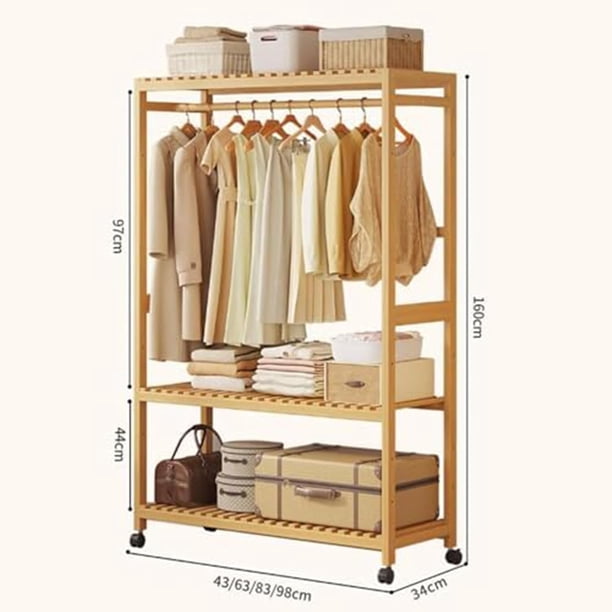 Organizador de armario de bambú con ruedas, armario para construir - perchero móvil con 3 niveles de almacenamiento, estructura estable, apto para dormitorios y vestidores