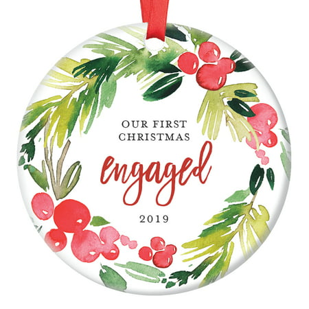 Engagement Christmas Ornament 2019, Gifts for Bride to Be, Our First Christmas Engaged Ornament, Modern 1st Xmas Present Idea Ceramic 3