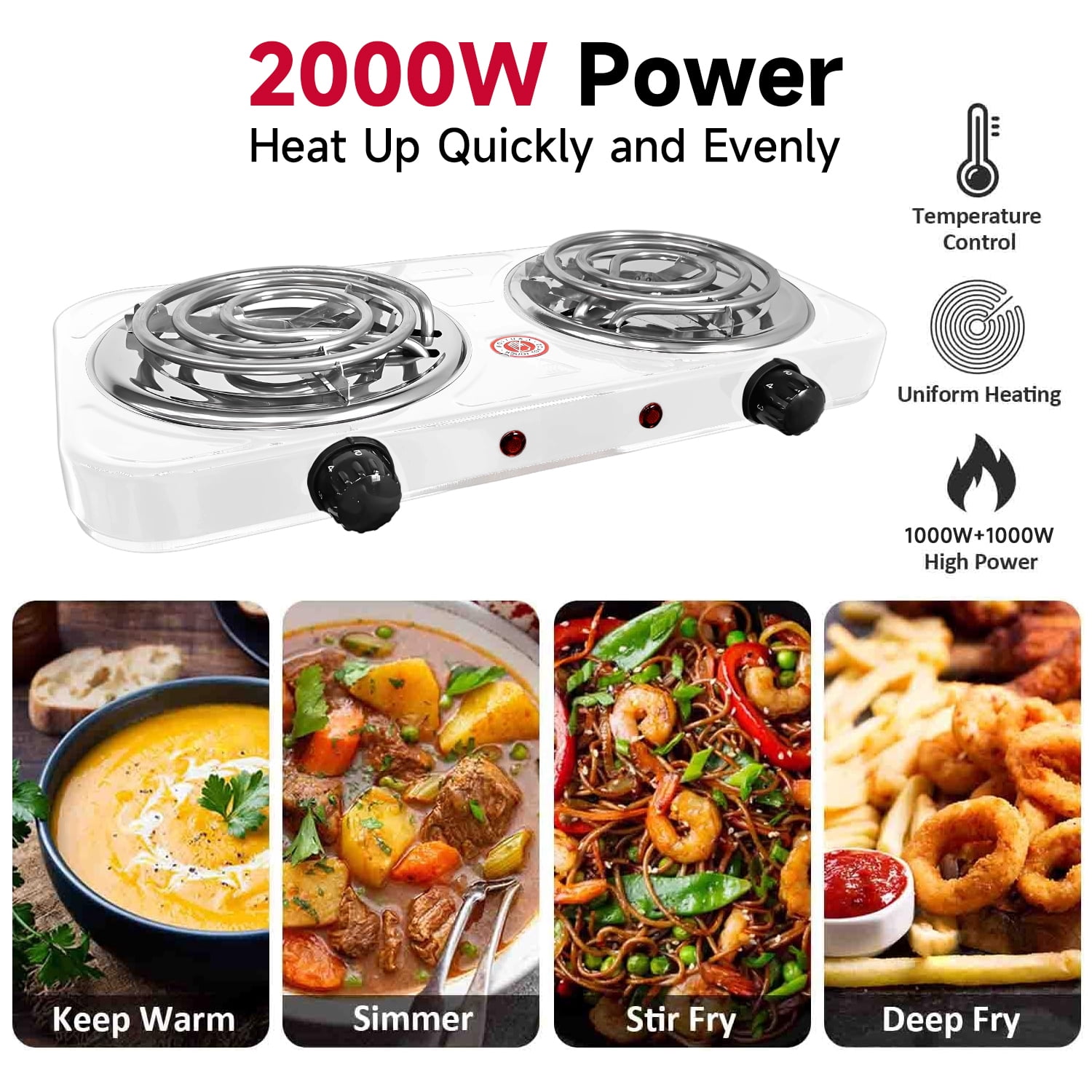 Hot Plate,Double Burner, 2000W Electric Stove Burner with 5 Levels Temperature Control, Countertop Double Coil Burner Cast Iron Cooktop for All Cookwares Home Camp RV,White