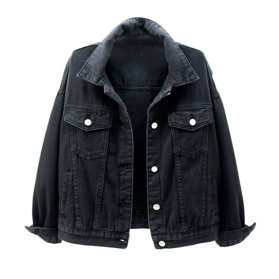 Tiqkatyck Jackets for Women, Women's Candy Color Denim Jacket Relaxed Fit Casual Jean Trucker Jacket Denim Jacket for Women, Black Jean Jacket Women L