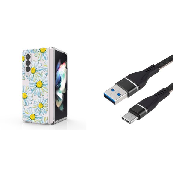Accessory Bundle for Galaxy Z Fold 4: Slim Snap-On Case (Daisies), Nylon Braided USB-C to USB-A Cable (3 Feet)