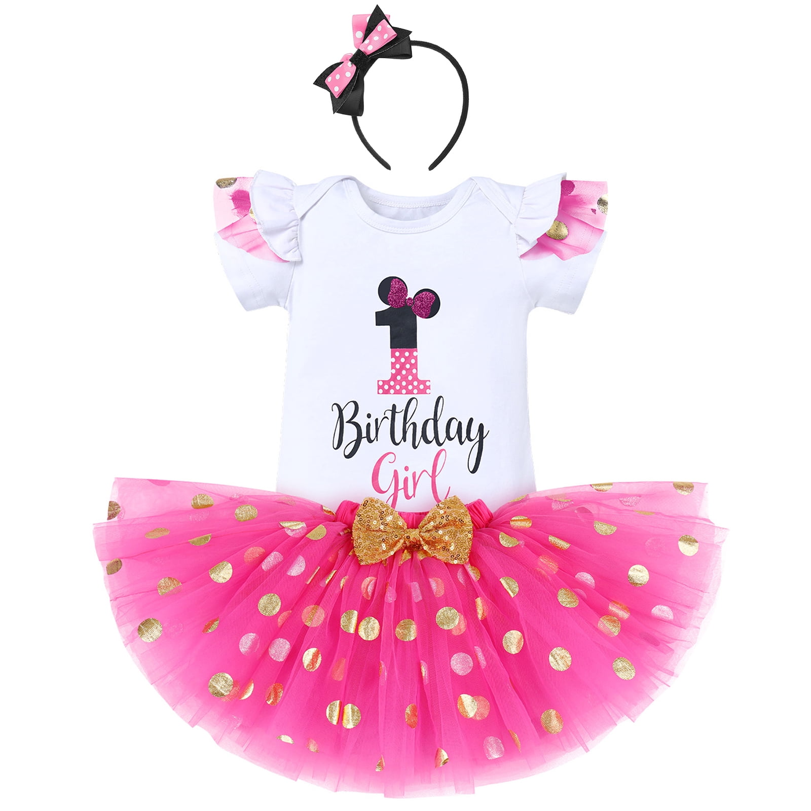 IBTOM CASTLE Toddler Girls 1st 2nd 3rd Birthday Outfit Princess Polka Dots Ruffle Tutu Skirt Mouse Headband Cake Smash Party Clothes Set 1 Year Hot Pink